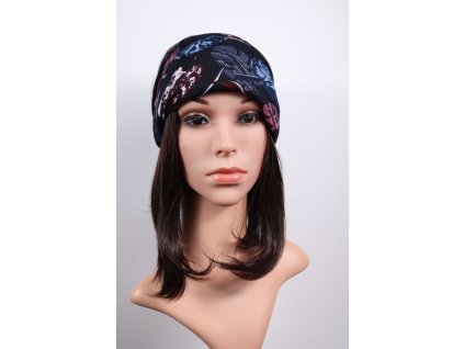 Nákrčník, čiapka, čelenka, gumička v jednom čierny s listami