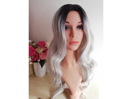 Tamara - dlhá čierna - sivá parochňa s melírom