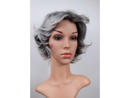 Elena - krátka sivá  parochňa s čiernym melírom a ofinou