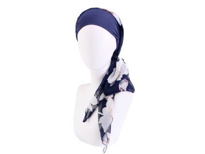 Šatka na hlavu - modrá s kvetmi