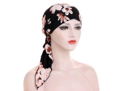 Šatka na hlavu - čierna s kvetmi