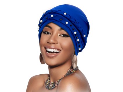 Luxusný dámsky turban - modrý s perlami