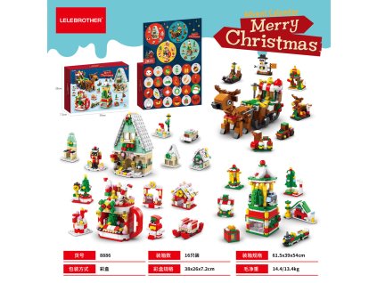 Adventný kalendár Veselé Vianoce so stavebnicou a vianočnými modelmi vrátane soba so záprahom, dekorácií, domčekov a sviatočných doplnkov