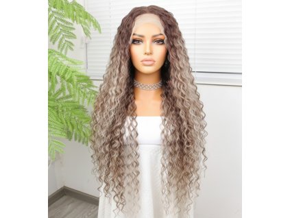 Elvina - dlhá lace front hnedá blond melírovaná kučeravá - lace front parochňa