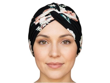 Turban na hlavu - čierny s kvetmi