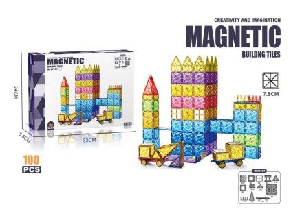 Magnetická stavebnica pre deti – 100 farebných magnetických dielikov a podvozok s kolieskami