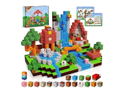 Magnetická stavebnica – Minecraft štýl dedinka s vodopádom (100+ ks)