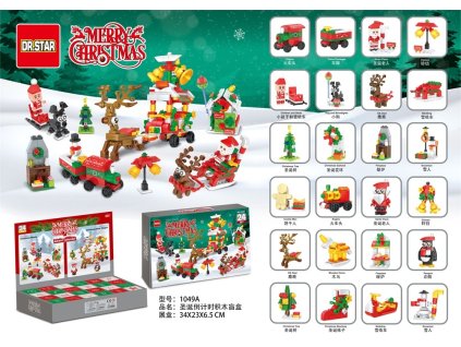 Adventný kalendár Veselé Vianoce so stavebnicou obsahujúci Santa Clausa, soba so záprahom, vláčik, vianočný stromček a ďalšie sviatočné modely
