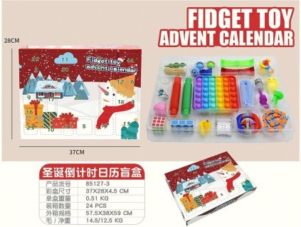Adventný kalendár s antistresovými hračkami obsahujúci pop it, hlavolamy, pružinky, antistresové loptičky a ďalšie farebné fidget toys pre deti.