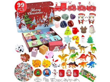 Adventný kalendár s 99 dielmi obsahujúci figúrky dinosaurov, vianočný vláčik, hlavolamy, antistresové hračky a rôzne vianočné prekvapenia pre deti