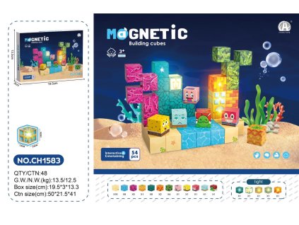 Magnetické stavebné kocky 54 dielov – ukážka postaveného modelu a prehľad dielikov